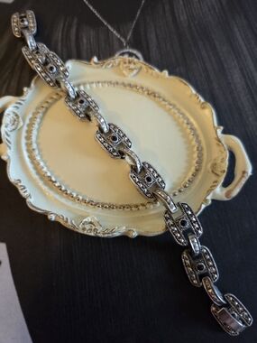 Two-Tone Silver Onyx Chain Link Style Tennis Bracelet with Pave Accents